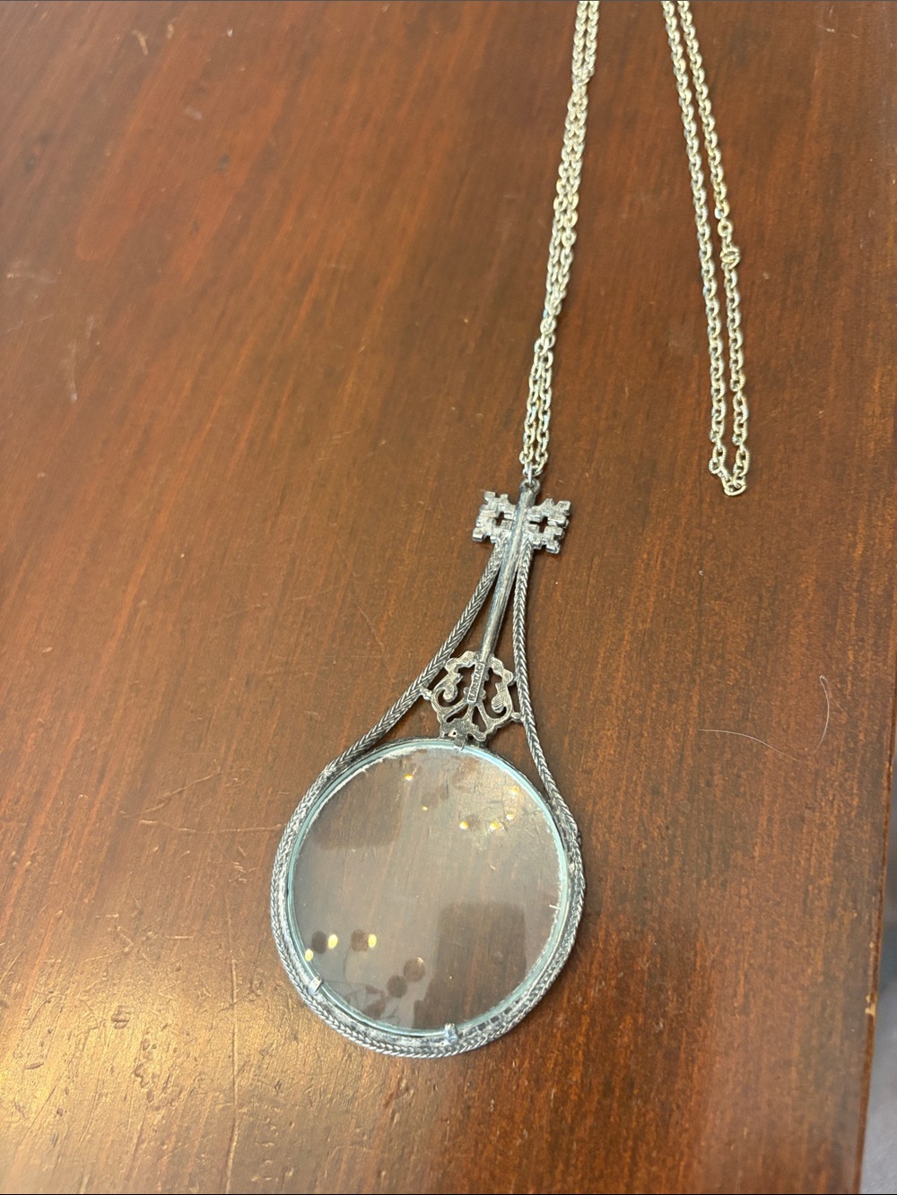 Vintage Antique Florenza Victorian Silver Tone Magnifying Pendant Necklace